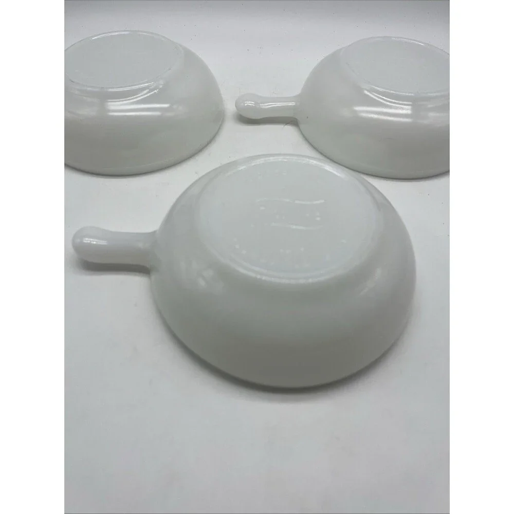Vintage Glasbake Soup Bowls White Milk Glass Handled Crocks, Set of 3 With Lids